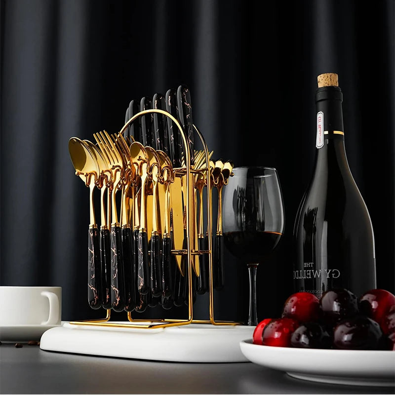 Stainless steel LMETJMA 24-piece flatware set with knives, forks, and spoons from 𝕄𝕔 𝕋𝕙𝕖 𝔹𝕝𝕒𝕔𝕜 𝔻�