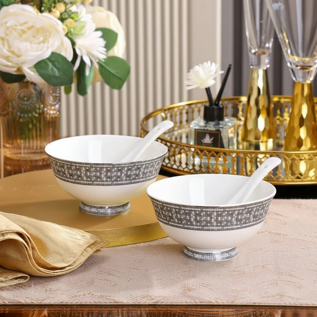 Luxury 10-piece European gray H horse-drawn cart tableware set with bone china bowls, plates, spoons in a circular gift box.