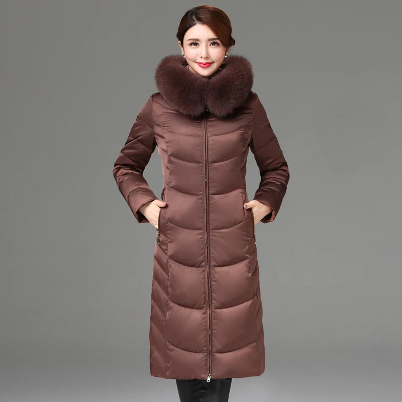 Shengyu Boya women's knee-length down jacket with thickened outerwear, fur collar, slim fit for middle-aged and elderly women.