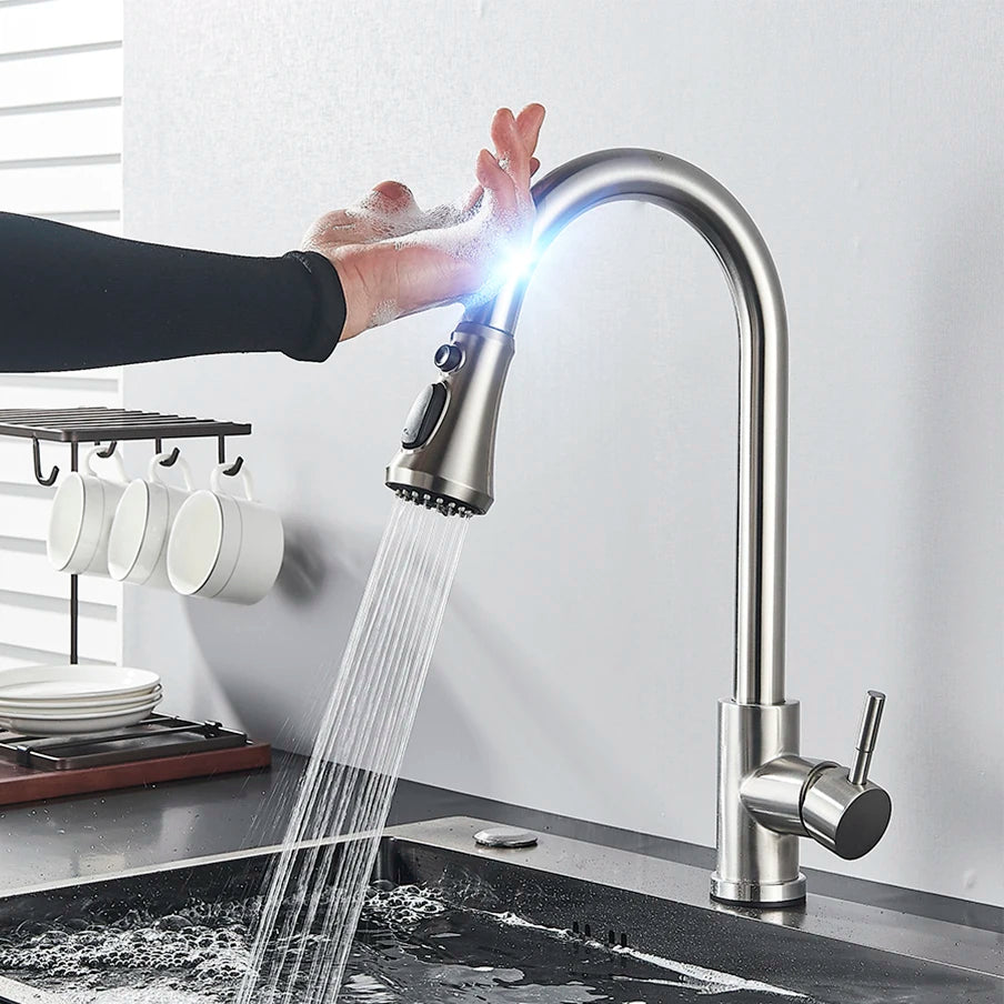 Black MC THE BLACK DIAMOND kitchen sink faucet with pull-out sensor, touch control, and mixer tap for hands-free kitchen use.