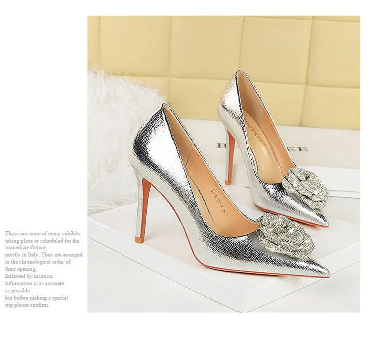 Elegant MC THE BLACK DIAMOND women's rhinestone flower pumps with high heels, perfect for weddings and prom events.