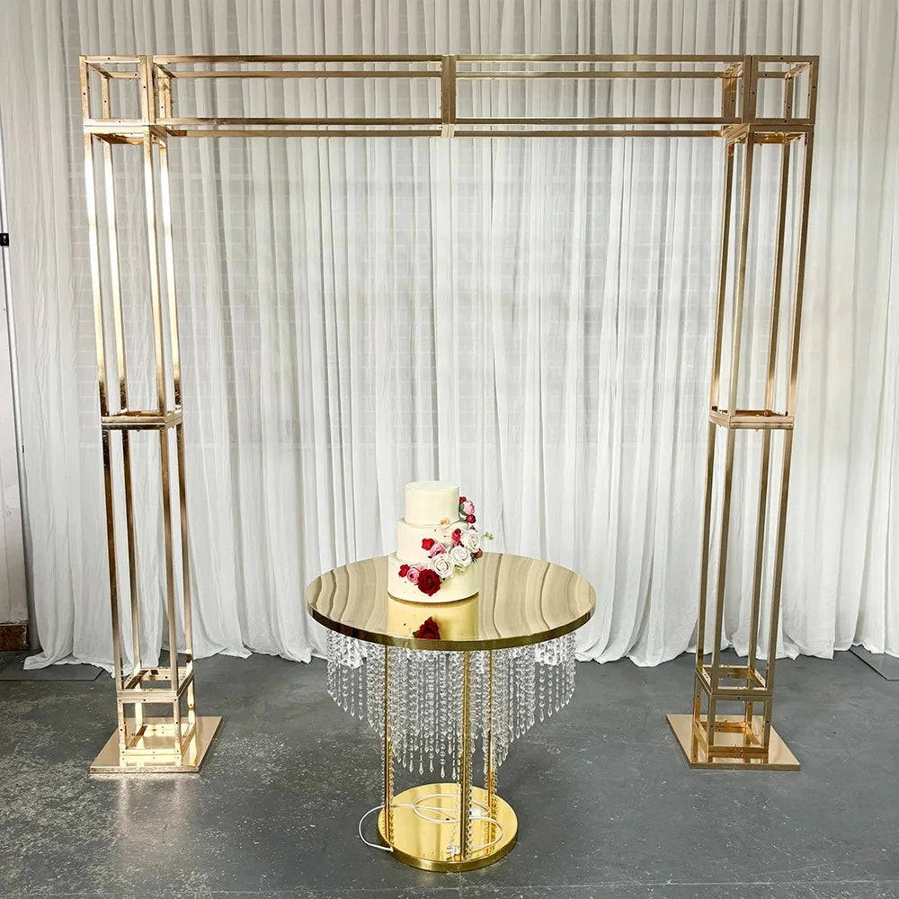 Crystal bead curtain cake table decoration with lighting, metal frame, and sparkling crystals for wedding or home decor.