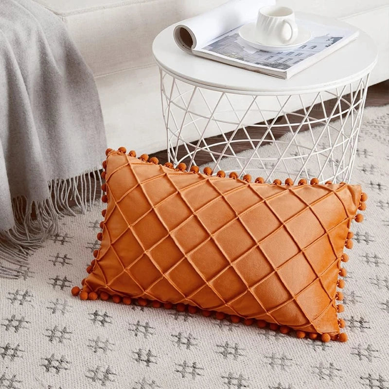 Yellow orange velvet lumbar pillow cover with diamond stripes, pompom tassels, suitable for 30x50cm or 45x45cm home decor.