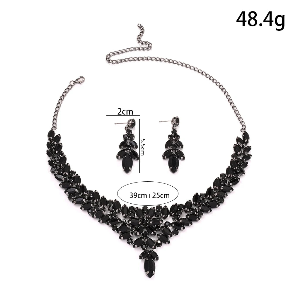 Graceful Black Leaves Jewelry Set Crystal Bridal Gift for Wedding Boho Design Rhinestone Necklace Earrings Set Piercing Handmade - https://mohammadcollection.com