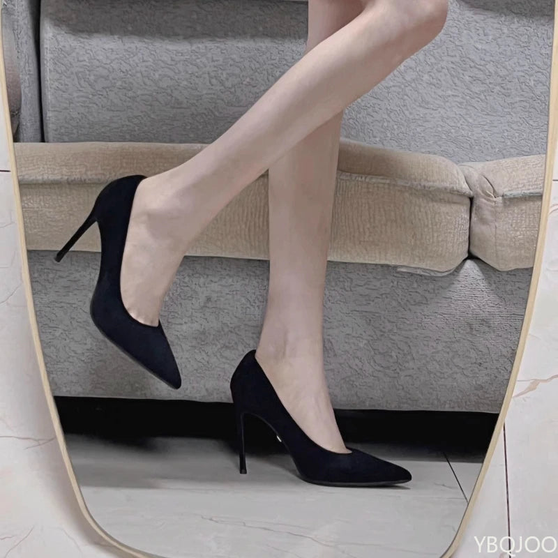 Black suede high heels for women, sharp pointed pump with elegant shallow mouth, from šš ššš š¹šššš š»ššļæ½