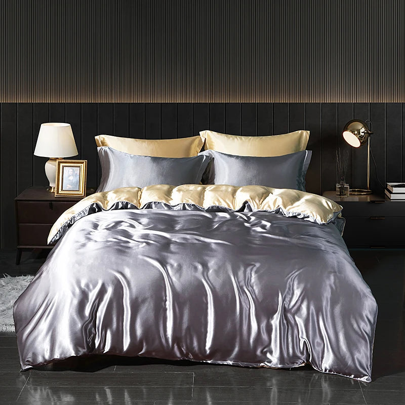 Luxury satin bedding set with fitted sheet and duvet cover by MC THE BLACK DIAMOND, featuring smooth, elegant home decor for a refined bedroom.