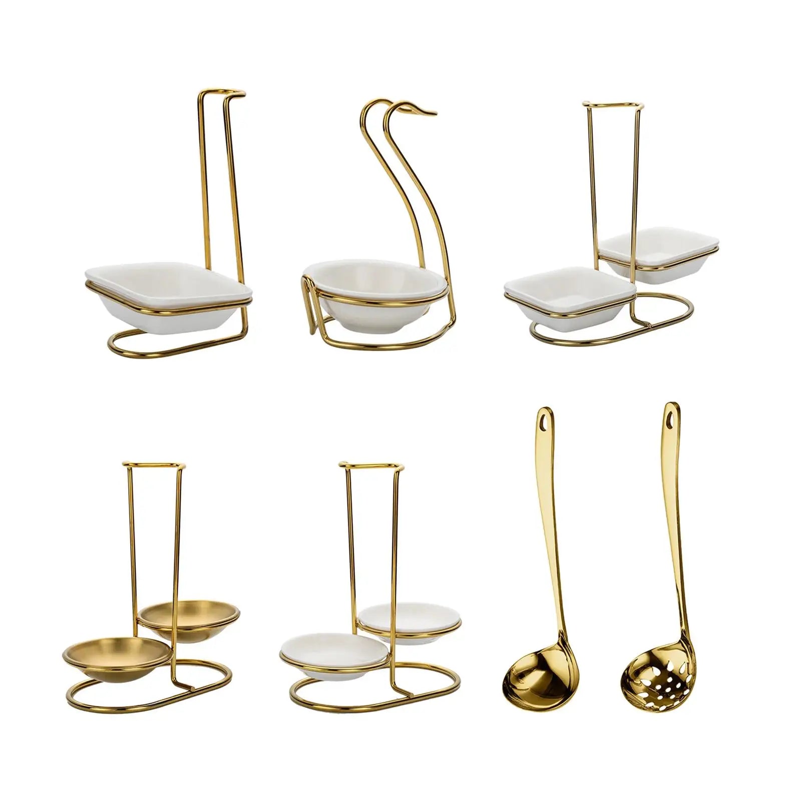 Black kitchen slotted spoon and portable whisk resting on a multifunctional spoon rest holder in a household kitchen setting.