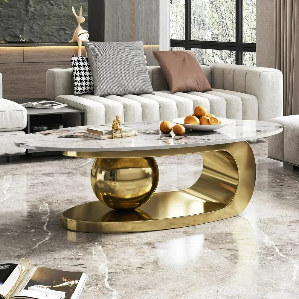 Modern Oval Stone Coffee Table with Abstract Gold Metal Base - Perfect for Stylish Living Rooms-Gold,51"Lx28Wx16.5H - https://mohammadcollection.com