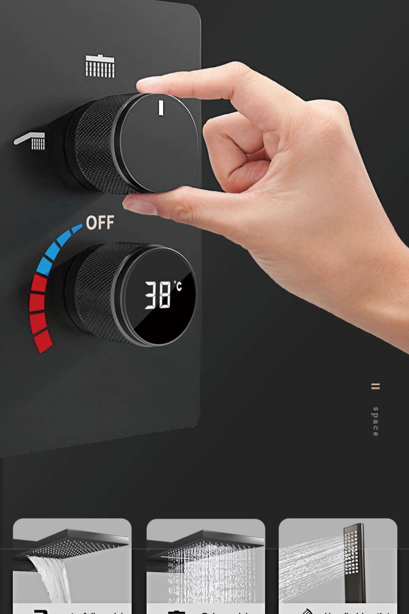 Black luxury shower system by MC THE BLACK DIAMOND with wall mount, LED display, dual control, and modern bath tap design.