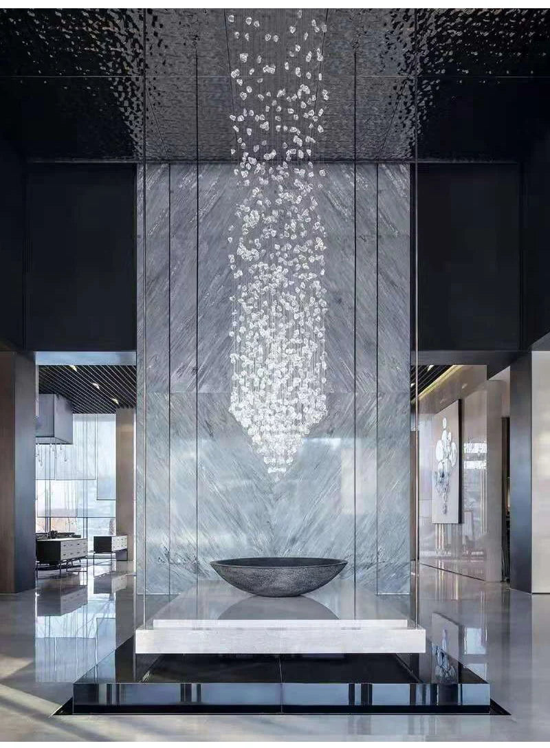 Black Art Luxury Stone Crystal Chandelier by MC THE BLACK DIAMOND, modern LED hanging lamp with crystal accents for staircase or hallway.