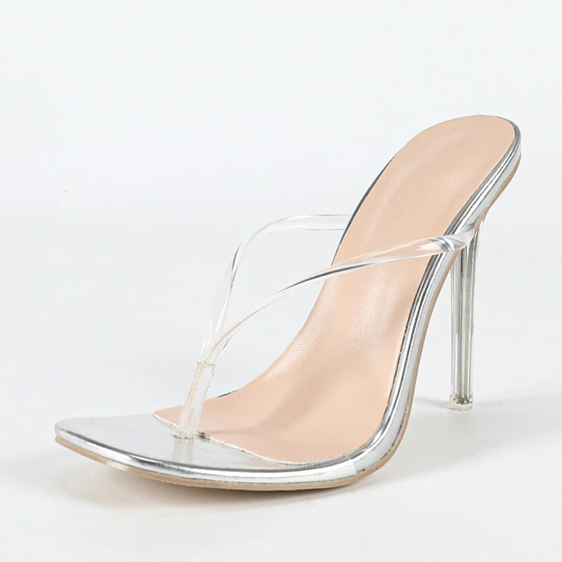 MC THE BLACK DIAMOND women's transparent PVC summer slippers with square toe, stiletto heel, and clear flip flop design.