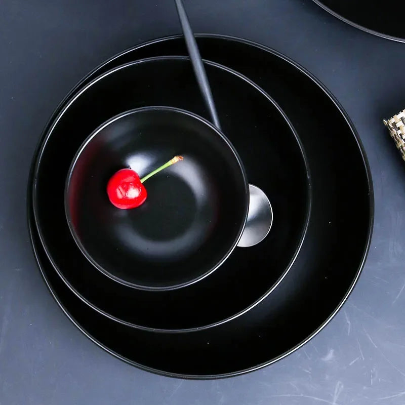 Black ceramic breakfast milk cup and deep soup plate set from 𝕄𝕔 𝕋𝕙𝕖 𝔹𝕝𝕒𝕔𝕜 𝔻𝕚𝕒𝕞𝕠