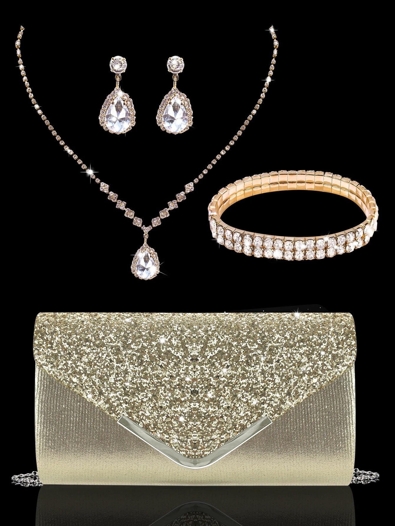 MC THE BLACK DIAMOND sequined evening clutch with rhinestone jewelry set including necklace, earrings, and bracelet.