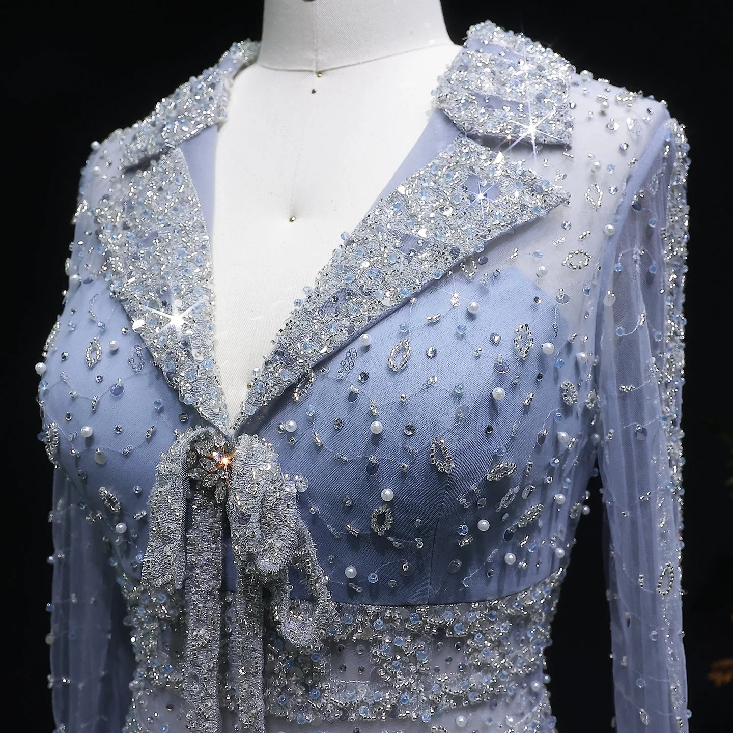 MC THE BLACK DIAMOND MC Long Sleeve Formal Evening Dress with V neck, beaded embellishments, A-line silhouette, perfect for prom or parties