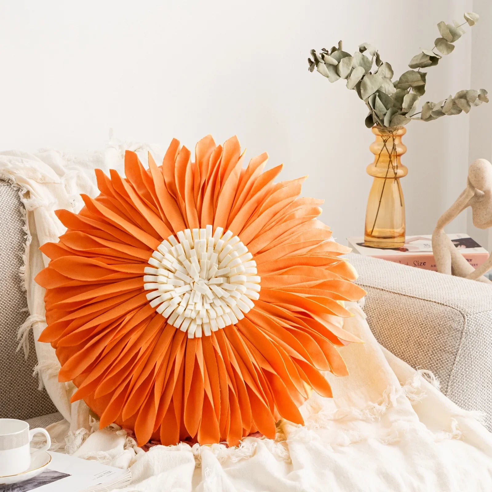 Pink and white velvet throw pillow with 3D chrysanthemum stitching, 45x45cm, home decor cushion by MC THE BLACK DIAMOND