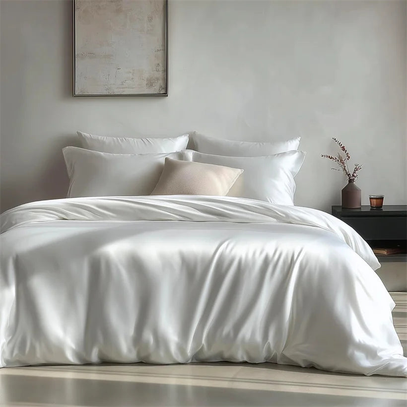 MC Collection 100% Mulberry Silk Bedding Set in elegant home decor style, featuring smooth silk comforters and pillowcases.