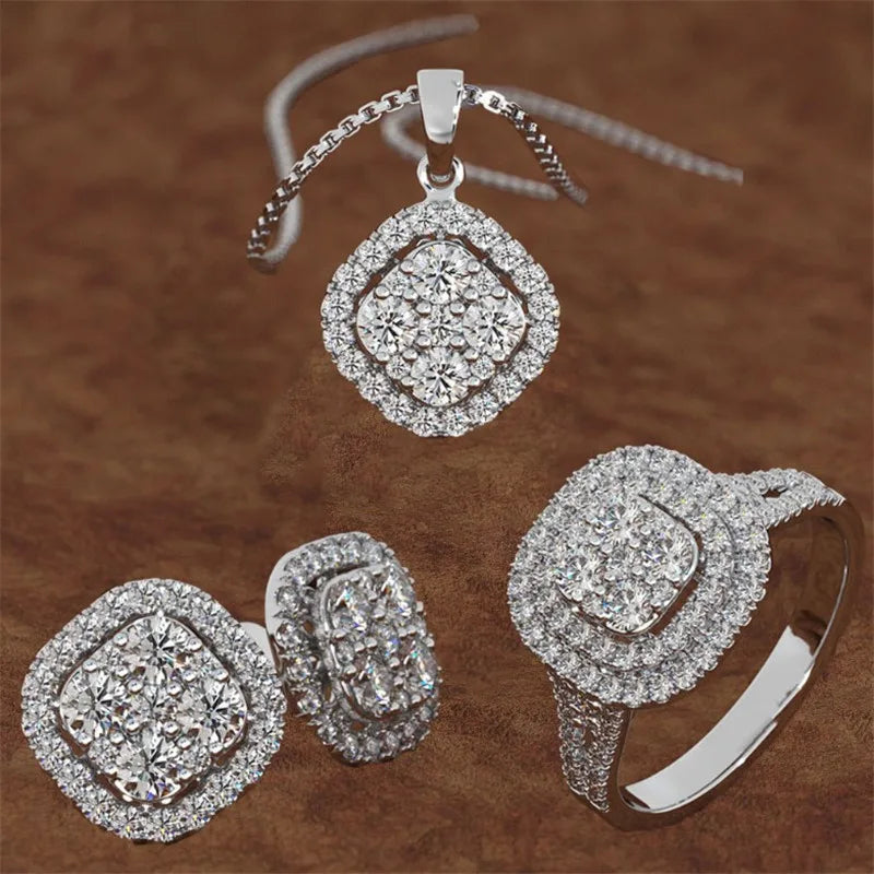 European and American style jewelry set with eight hearts and arrows design, including engagement ring, earrings, and necklace.