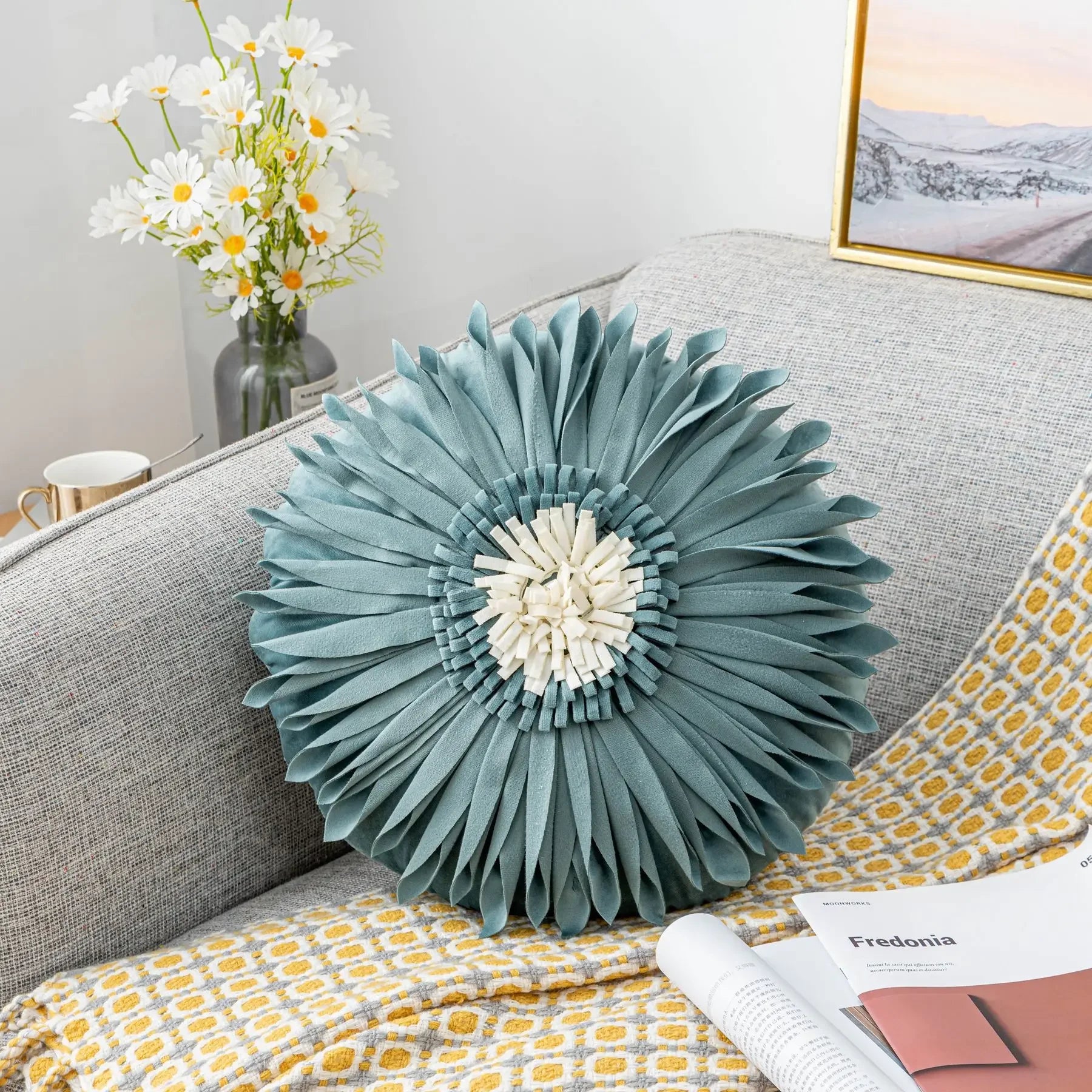 Pink and white velvet throw pillow with 3D chrysanthemum stitching, 45x45cm, blue cushion case, modern home decor by MC THE BLACK DIAMOND
