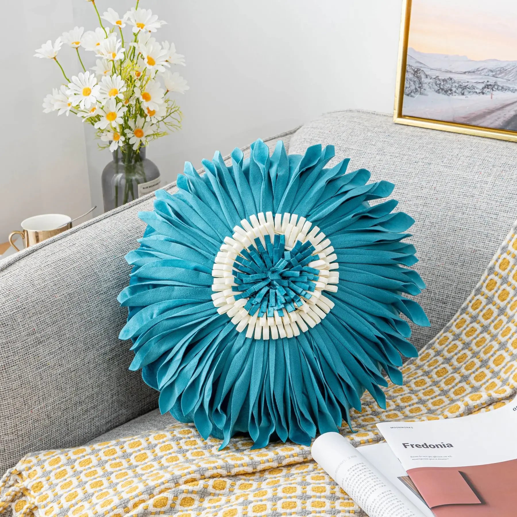 Pink and white velvet throw pillow with 3D chrysanthemum stitching, 45x45cm, ideal for modern home decor cushions.
