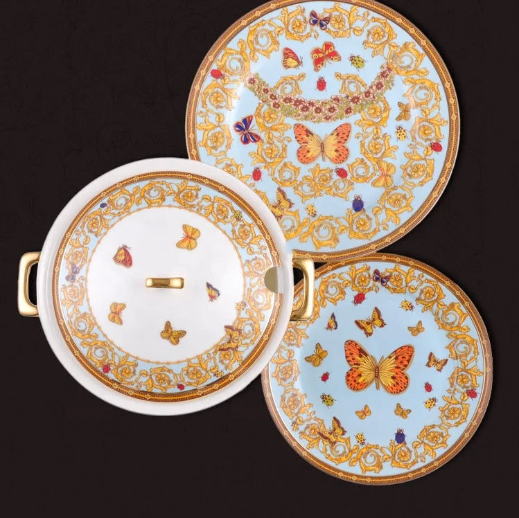 European-style luxury Bone China tableware set with gold butterfly design, featuring 58 pieces from ๐๐ ๐๐๐ ๐น๐๐๐๐ ๐ป๐๏ฟฝ
