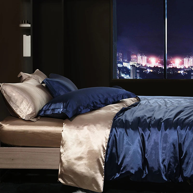 Luxury satin bedding set with fitted sheet and duvet cover from MC THE BLACK DIAMOND, featuring smooth, elegant home decor bedding.