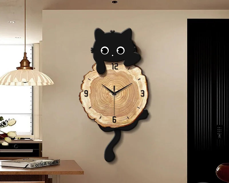 Nordic retro style cat wall clock by MC THE BLACK DIAMOND featuring LED light, luminous design, perfect for living room wall decor.