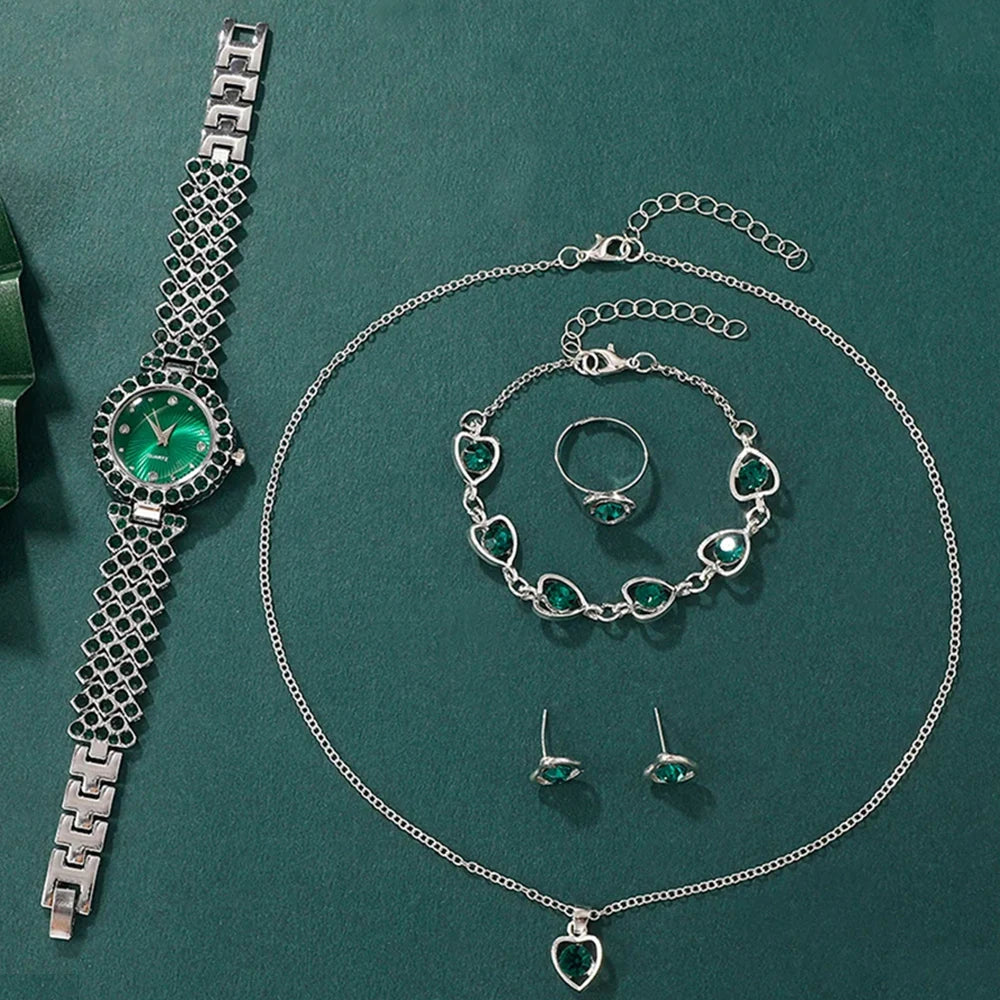Women Fashion Watches Heart Rhinestone Ring Necklace Earring Jewelry Set Luxury Dress Quartz WristWatch Simple Elegant Watch Gif - https://mohammadcollection.com