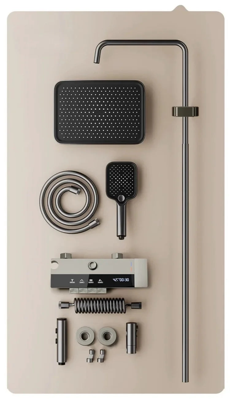 Grey four-function digital display shower system with rainfall showerhead and wall-mounted faucet by MC THE BLACK DIAMOND.