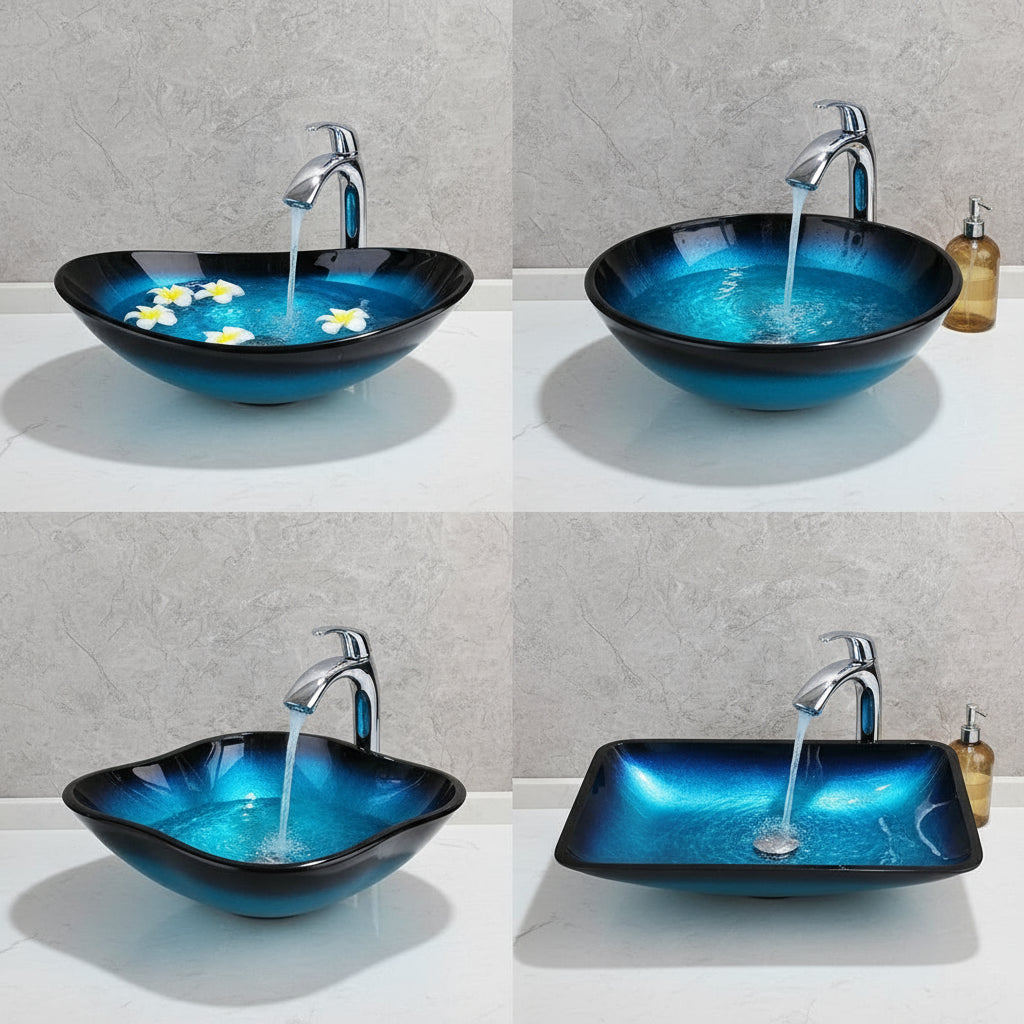 Blue oval vessel sink with black waterfall faucet and modern design, perfect for bathroom above counter installation.