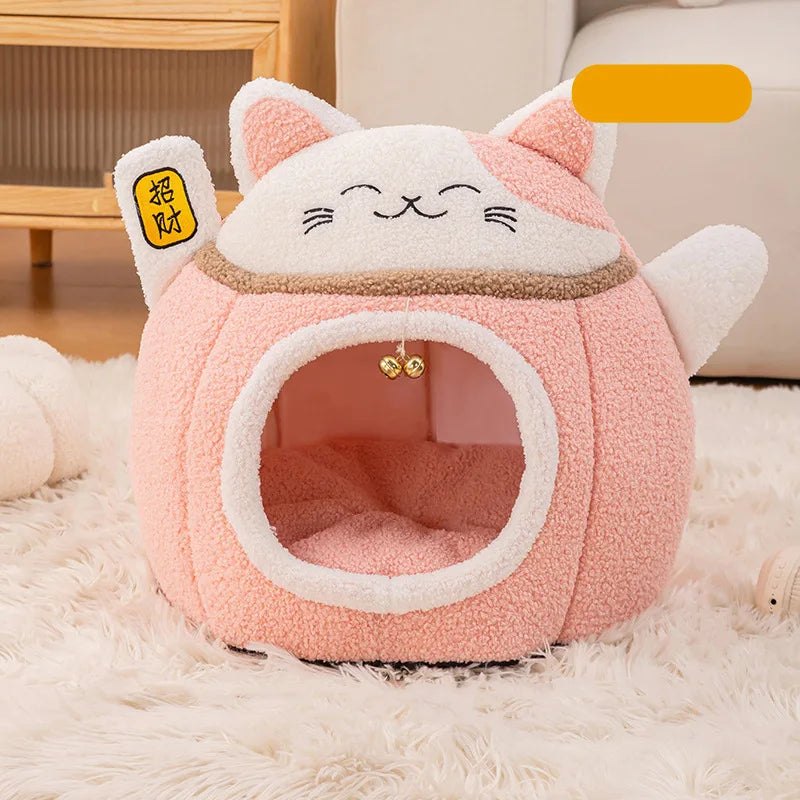 Lucky Fortune Cat Pet Bed - Winter Warm Semi-Open Fleece Round Bed for Cats & Dogs | Cozy Lucky Pet House, Soft Cushioned Kennel - https://mohammadcollection.com