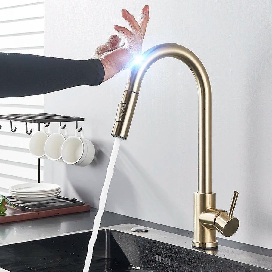 Black MC THE BLACK DIAMOND pull-out sensor kitchen faucet with touch control and mixer for modern kitchen sinks.