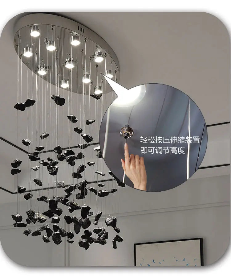 Black Art Luxury Stone Crystal Chandelier by MC THE BLACK DIAMOND with LED lights, modern hanging fixture for staircase or hallway.