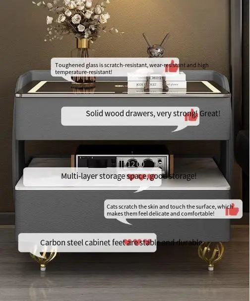 MC The Black Diamond coded lock USB rolling bedside table with side storage and sleek design, perfect for bedroom organization.