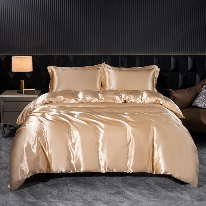 Luxury solid silk bedding set featuring duvet cover, bedsheet, and pillowcases from ๐๐ ๐๐๐ ๐น๐๐๐๐ ๐ป๐๐๏ฟฝ