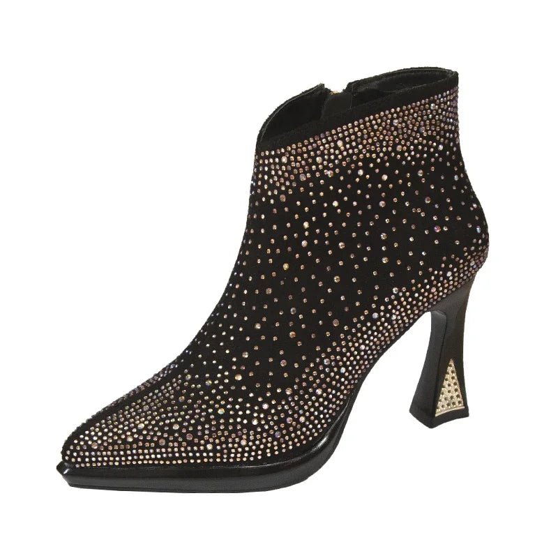 Women's short boots with thick square high heels from Mohammad Collection, featuring a stylish design and comfortable fit.