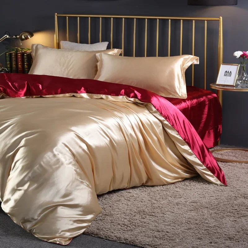 Luxury silk bedding set with duvet cover, fitted sheet, flat sheet, and pillowcases in solid color from 𝕄𝕔 𝕋𝕙𝕖 𝔹𝕝𝕒𝕔𝕜 𝔻�