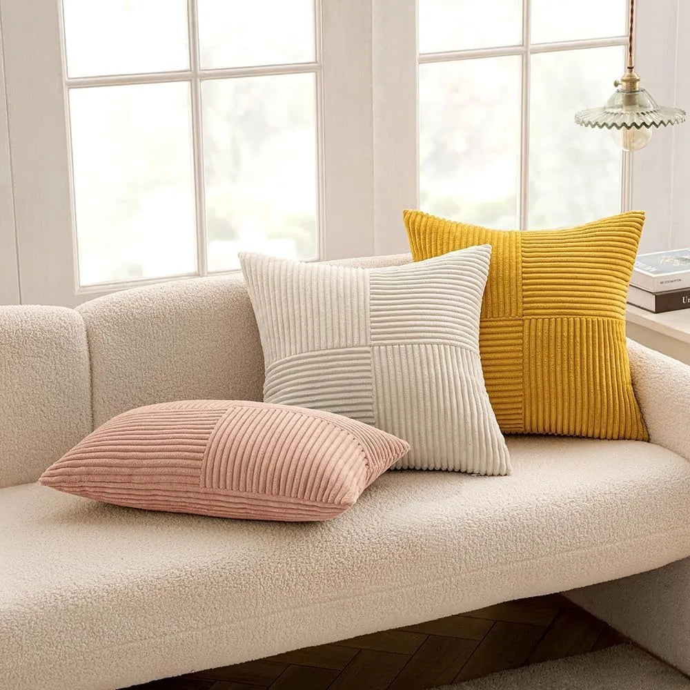 Mustard yellow corduroy pillow cover with boho spliced patchwork, textured cushion cover for soft couch decor by MC THE BLACK DIAMOND