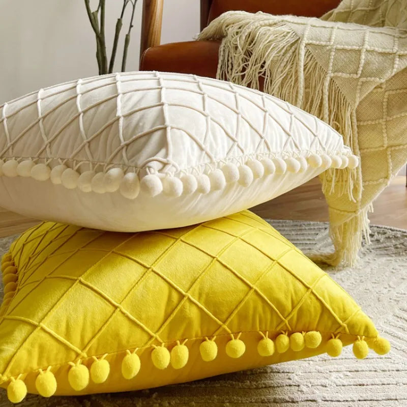 Yellow-orange velvet lumbar pillow cover with diamond stripes, pompom tassels, suitable for 30x50cm or 45x45cm home decor.