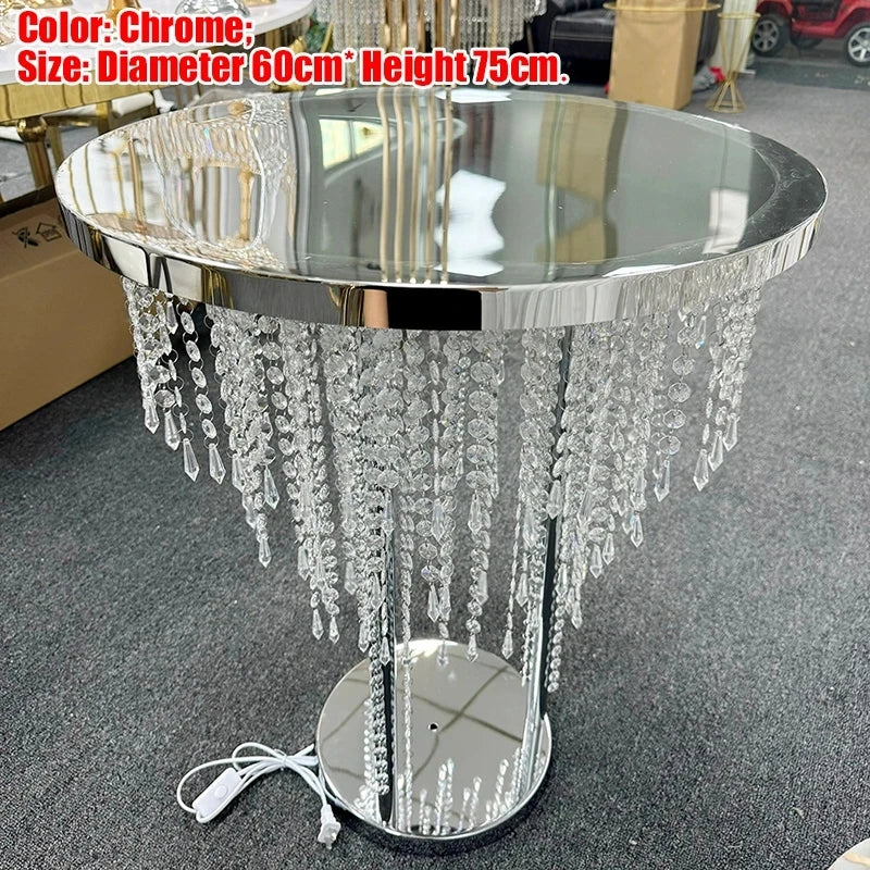 Crystal bead curtain with lighting for wedding cake table decor, featuring metal accents from 𝕄𝕔 𝕋𝕙𝕖 𝔹𝕝𝕒𝕔𝕜 𝔻𝕚𝕒�