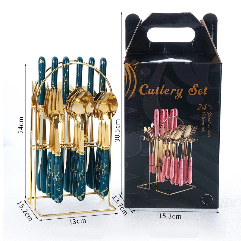 Set of 24 stainless steel flatware including knives, forks, and spoons from 𝕄𝕔 𝕋𝕙𝕖 𝔹𝕝𝕒𝕔𝕜 𝔻𝕚𝕒