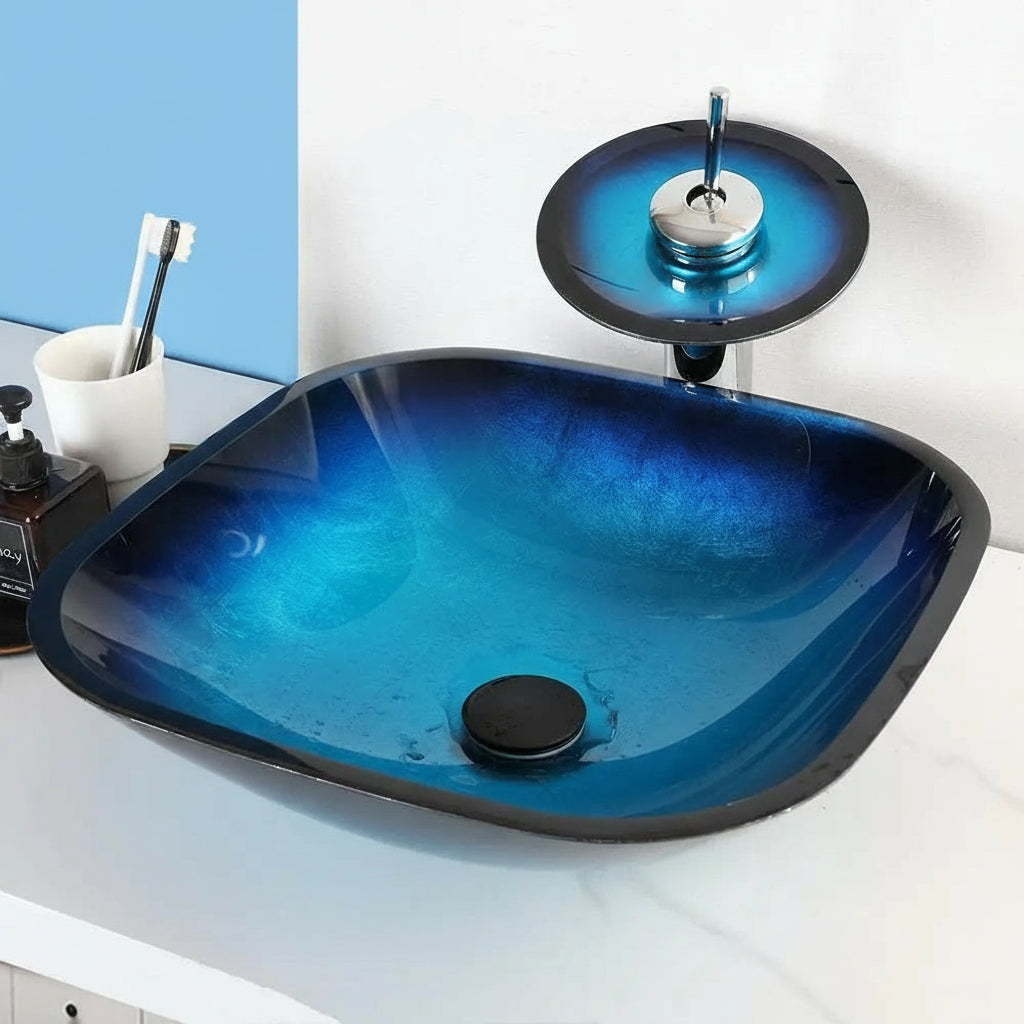 MC THE BLACK DIAMOND ZAPPO tempered glass bathroom vessel sink with waterfall black faucet, oval blue basin, above counter design