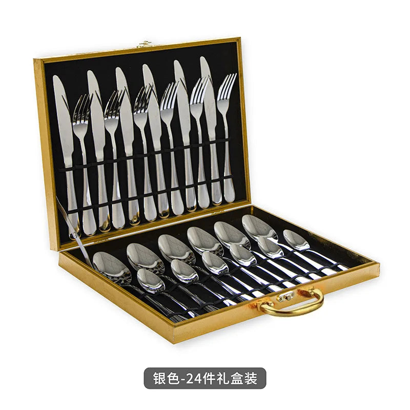 24-piece stainless steel cutlery set including knives, forks, and spoons from 𝕄𝕔 𝕋𝕙𝕖 𝔹𝕝𝕒𝕔𝕜 𝔻𝕚𝕒�