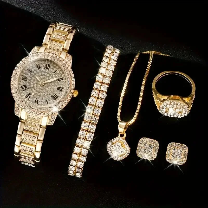 Casual ladies quartz wrist watch bracelet set with six jewelry pieces, featuring a stylish design from Mohammad Collection.