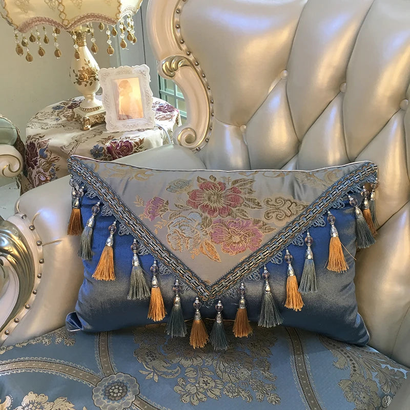 European luxury Jacquard tassel lace decorative sofa pillow cushion cover with rectangular shape, large backrest design from Mc The Black Diamonds.