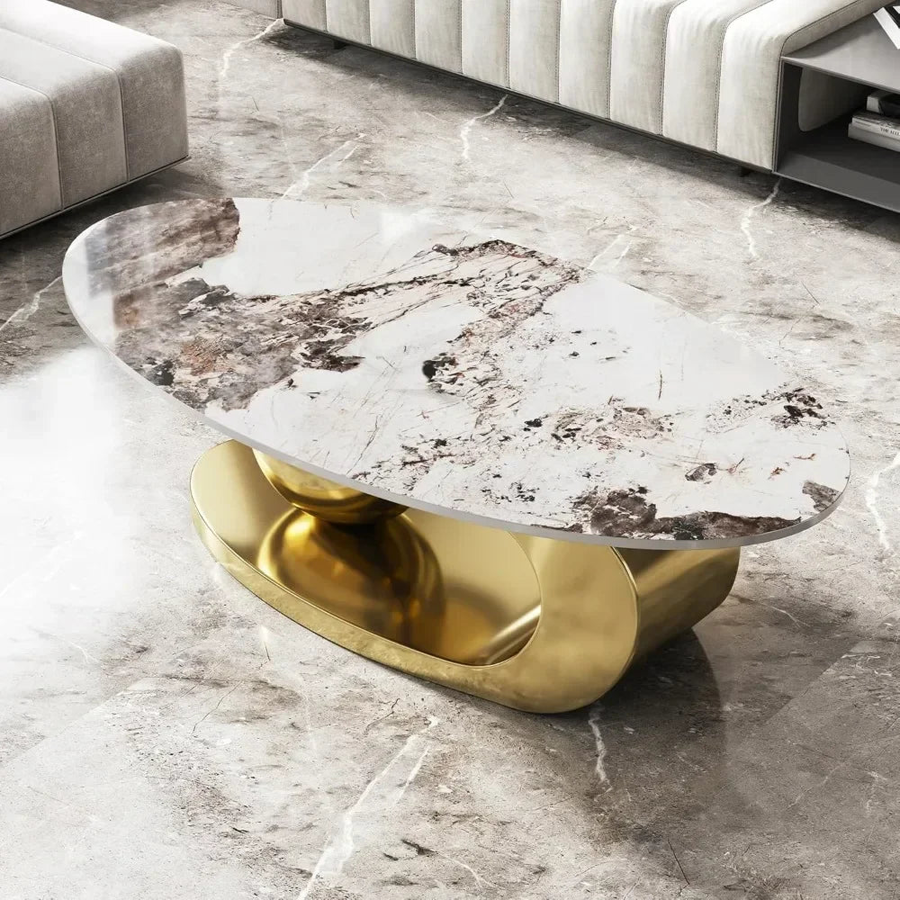 Modern Oval Stone Coffee Table with Abstract Gold Metal Base - Perfect for Stylish Living Rooms-Gold,51"Lx28Wx16.5H - https://mohammadcollection.com