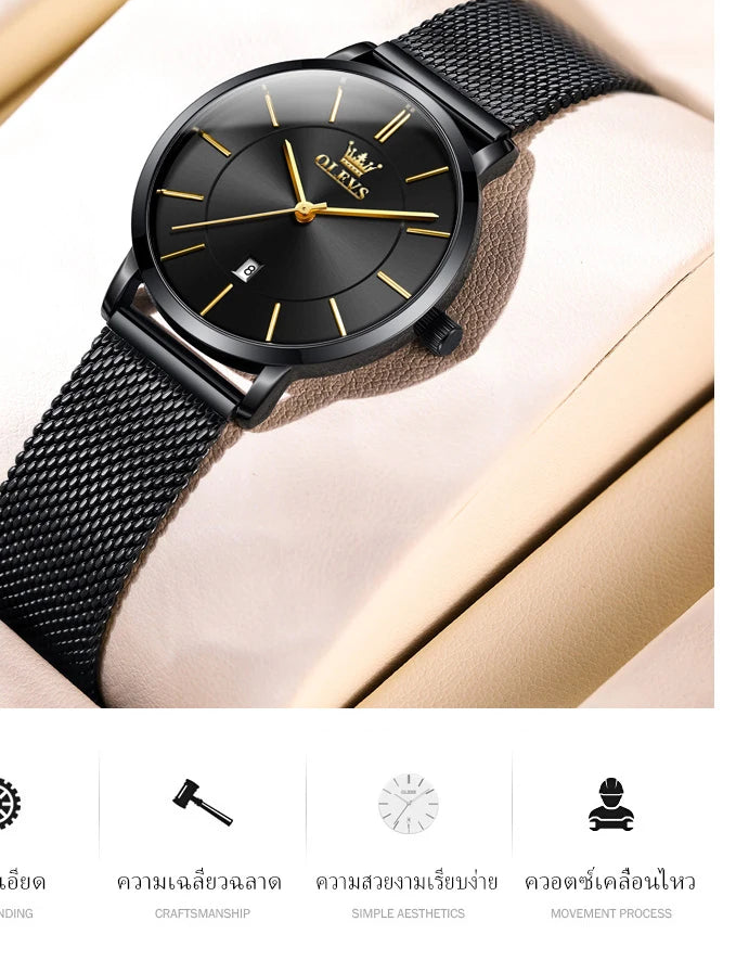 OLEVS minimalist women's watch with leather strap, waterproof quartz movement, and calendar display, featuring a sleek, versatile design.