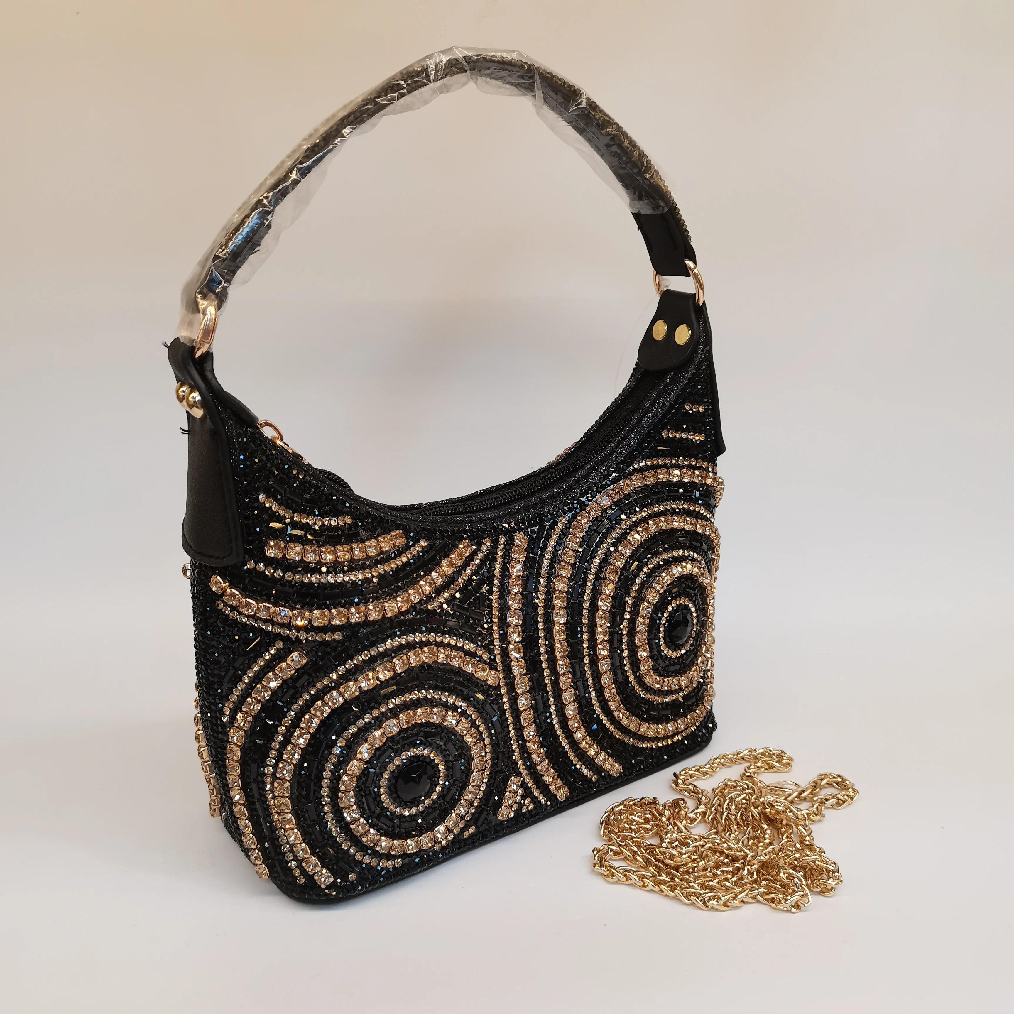 MC THE BLACK DIAMOND women's rhinestone evening handbag with long chain, embellished clutch, casual style, and elegant design.