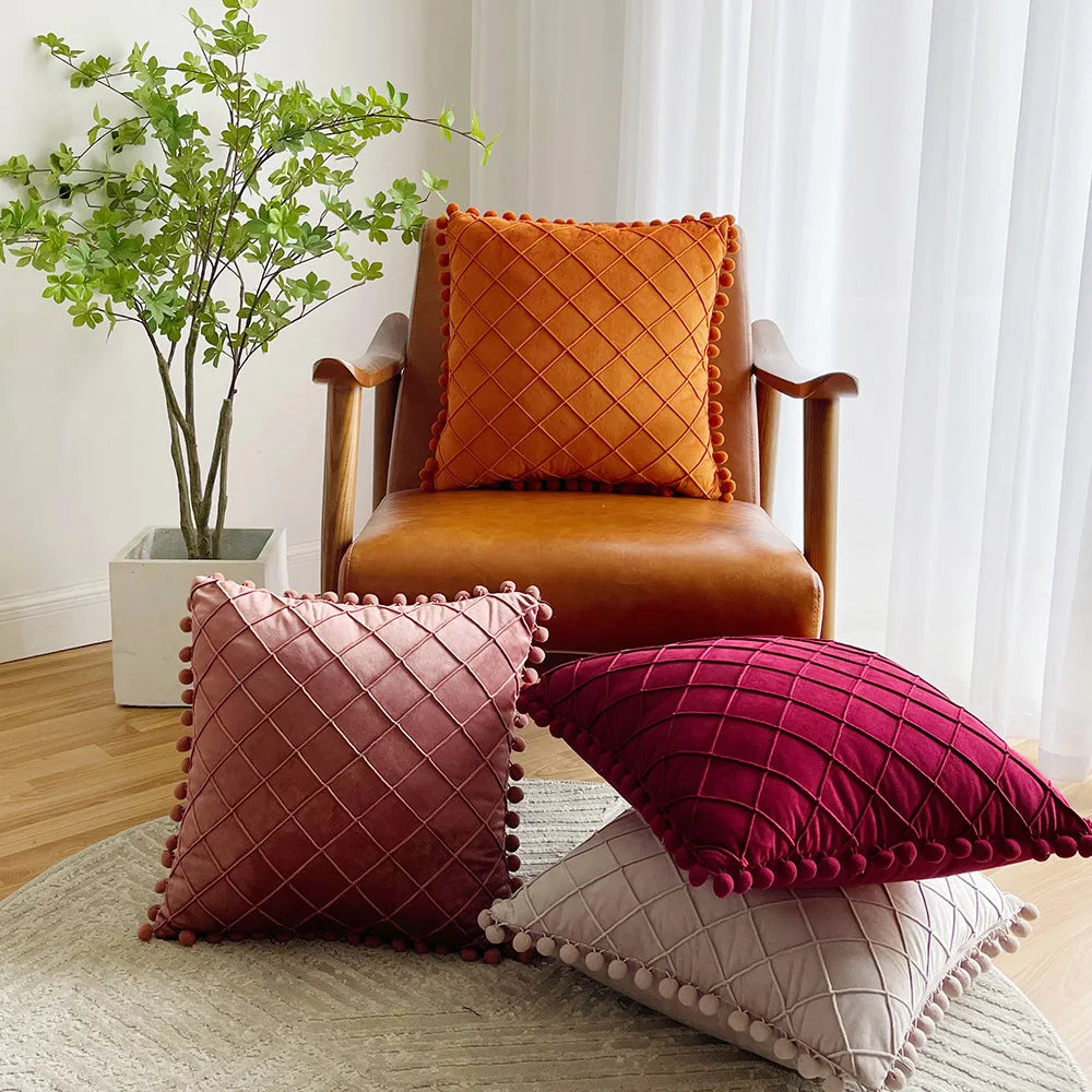 Yellow and orange velvet lumbar pillow cover with diamond stripes, cute pompoms, and tassels, 30x50cm or 45x45cm, MC THE BLACK DIAMOND.