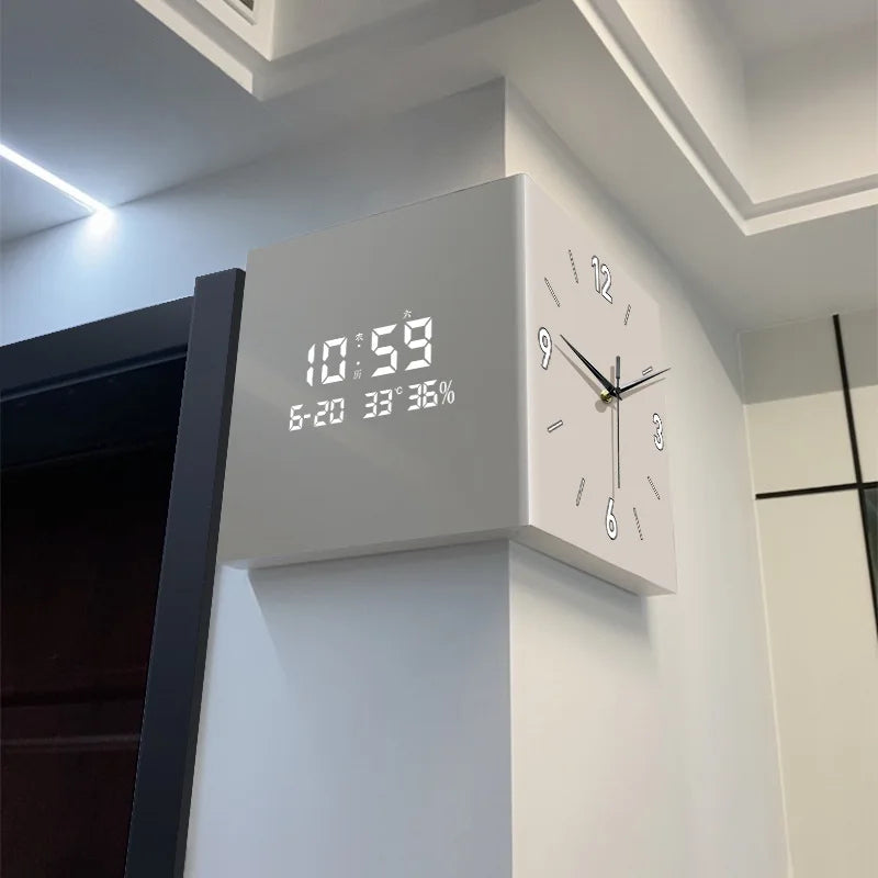 Modern double-sided electronic wall clock with perpetual calendar and corner design, by ๐๐ ๐๐๐ ๐น๐๐๐๐ ๐ป๐๐๐