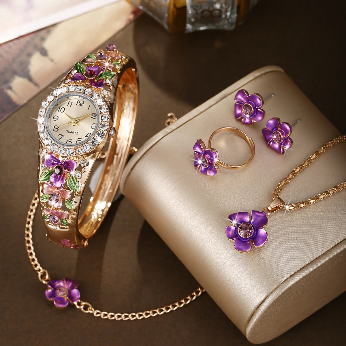 3D flower women's alloy jewelry bracelet watch from MC The Black Diamonds featuring a floral design and elegant metal band.